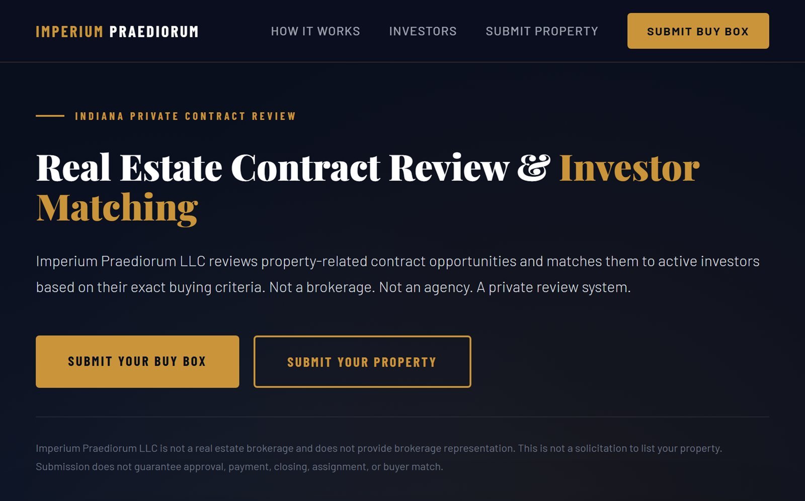 Screenshot of the home page header of the Imperium Praediorum website. A dark page with the headline Real Estate Contract Review and Investor Matching, a short description, and two buttons.